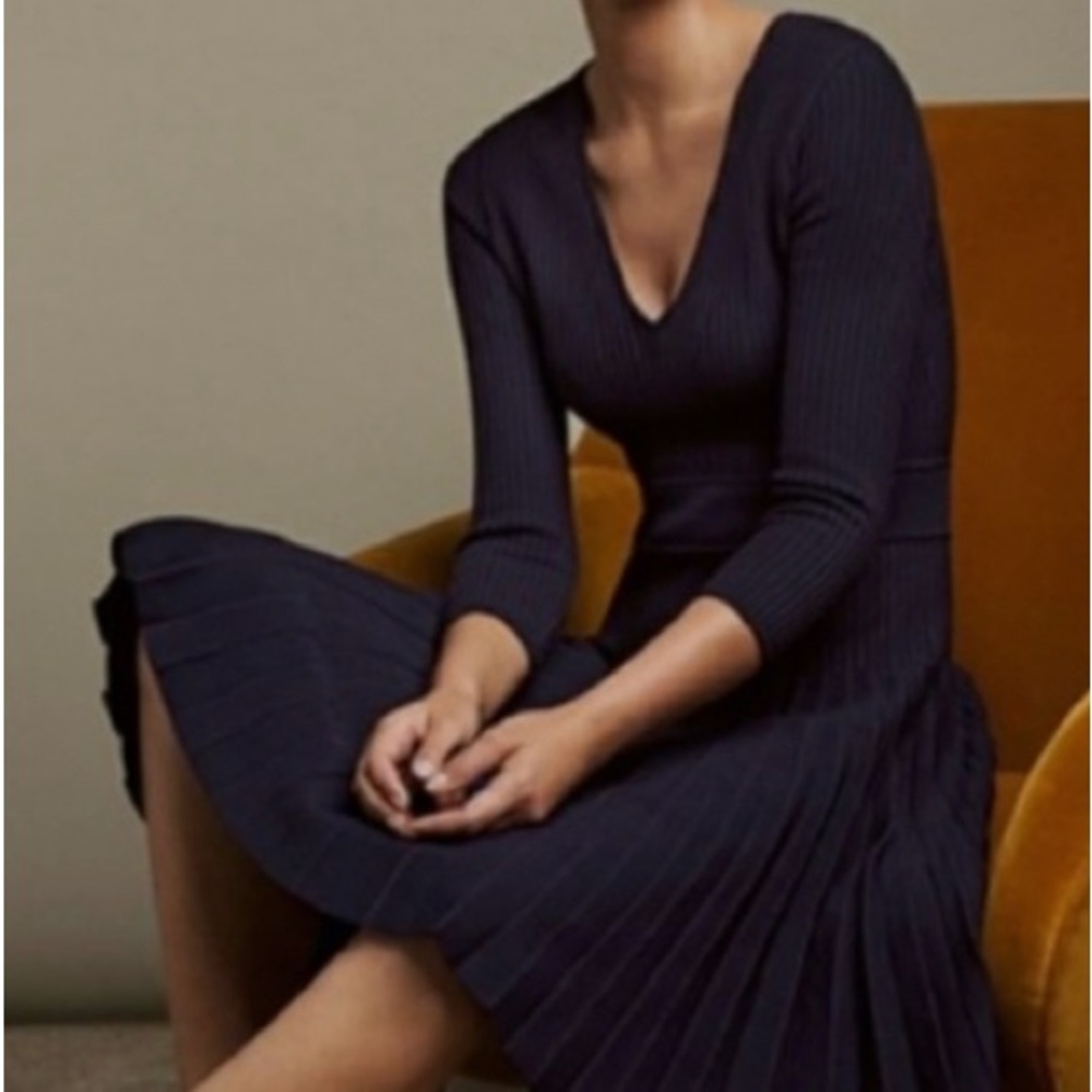 The Fold London Navy Blue Pleated V-neck Knit Dress